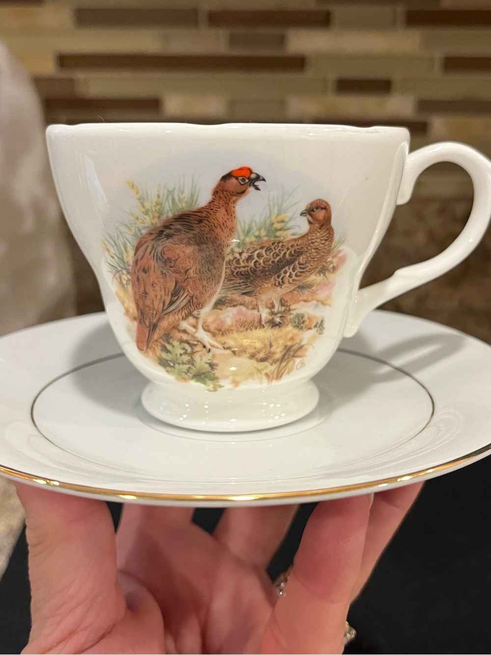 Vintage Luckenbooth Teacup with Partridge Motif and Sakura Gold Trimmed Saucer